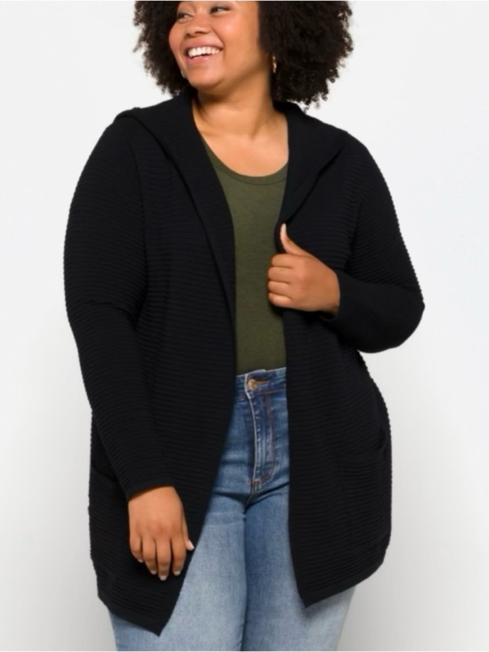 Evolution by Cyrus Sidney Ribbed Hooded Open Cardigan